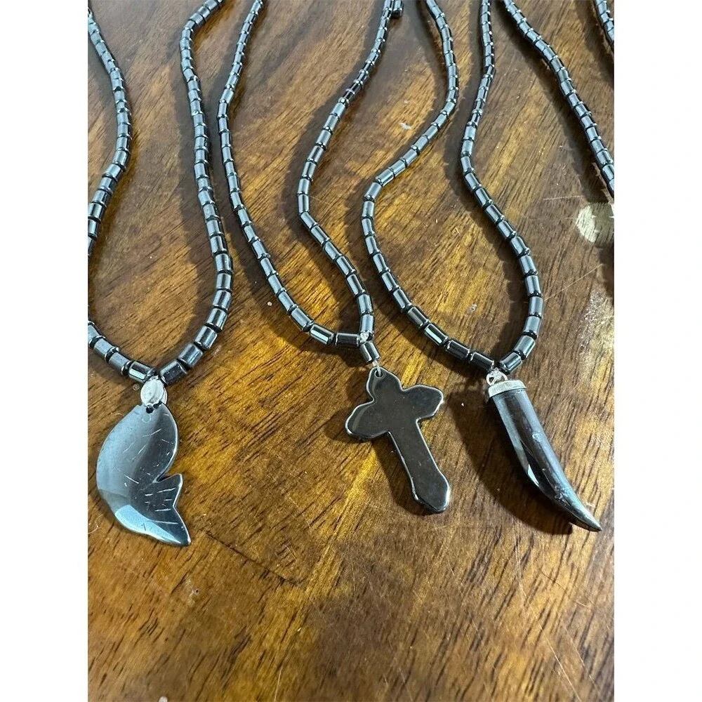 6Pc Hematite Stone Pendant Necklace Lot Fish Cross Anchor Horn Sun Heart